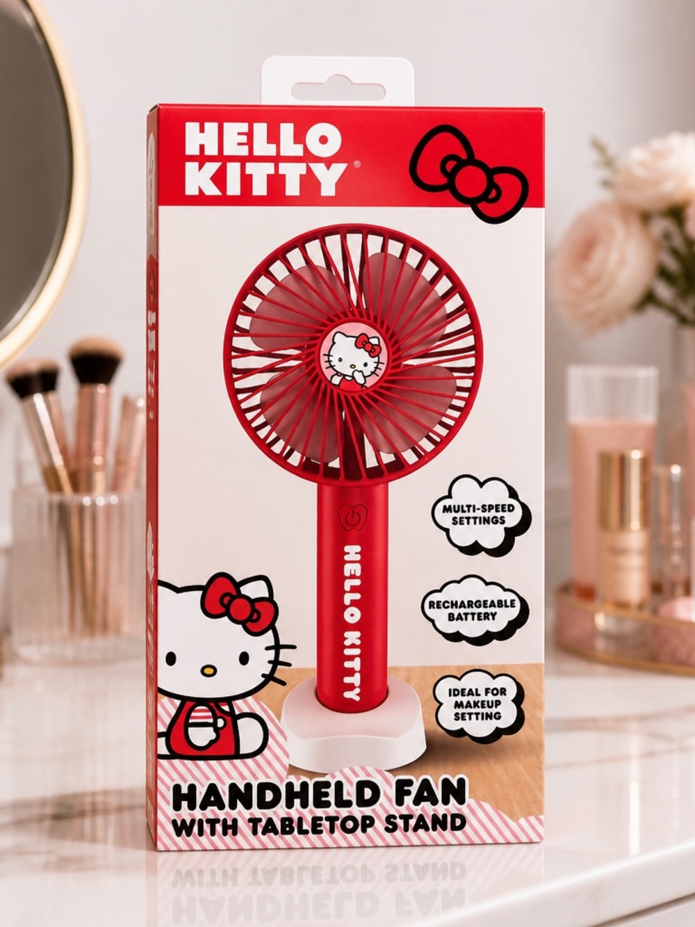 Hello Kitty Handheld Fan with Tabletop Stand Red
